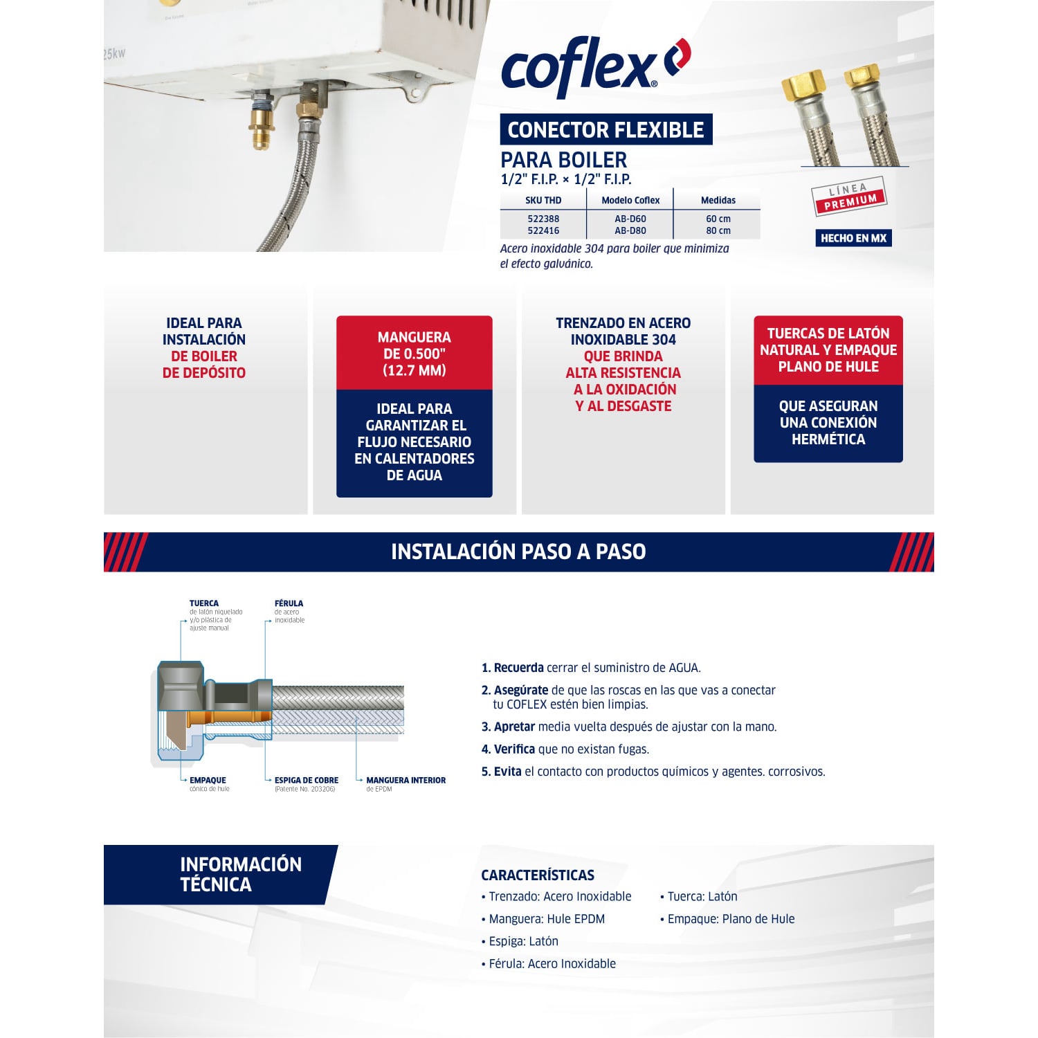 Conector Flexible Coflex 80cm Acero Inox 1/2" FIP x 3/4" FIP para Boiler