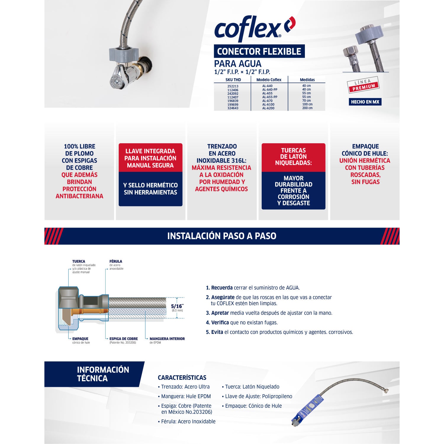 Conector Flexible Acero Inoxidable Coflex 55cm 1/2" para Lavabo/Fregadero