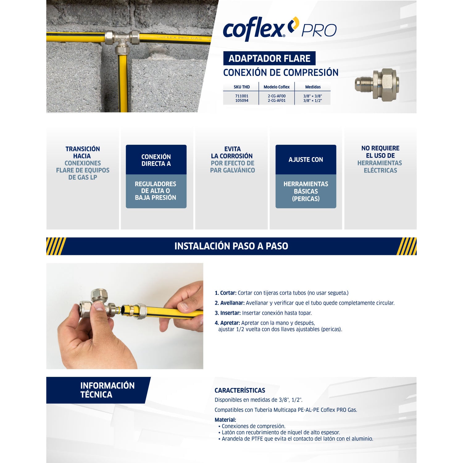 Adaptador Flare Coflex PRO para Gas: Conexión Segura y Duradera (3/8" Flare x 1/2" Compresión)