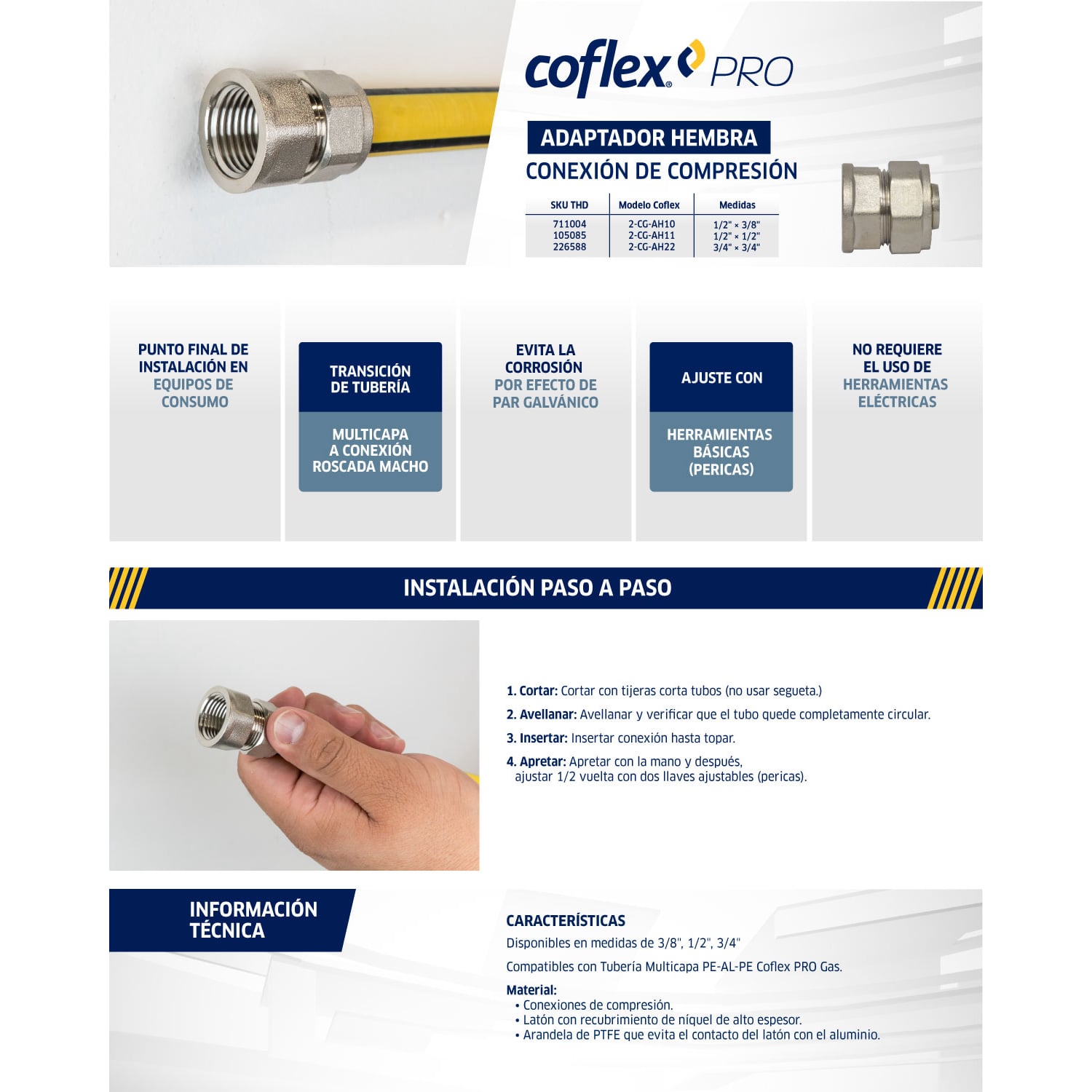 Adaptador Hembra COFLEX 3/4" Gas CG-AH22: Compresión x FNPT para Tubería Multicapa