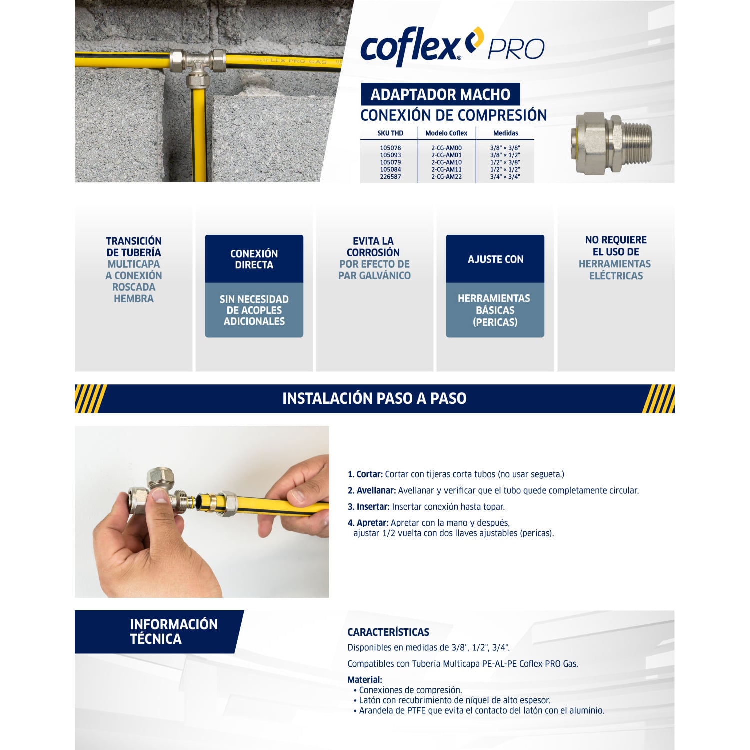 Adaptador Macho COFLEX PRO Gas 3/4" Compresión x MNPT - Latón Niquelado