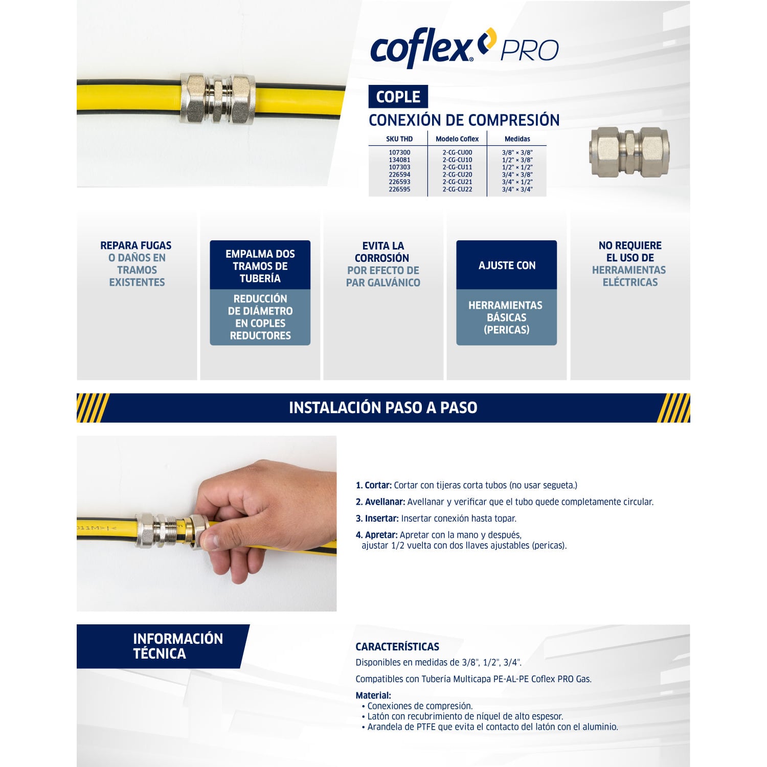 Cople Coflex PRO Gas 3/4" x 3/4" Latón Niquelado, Instalación Fácil