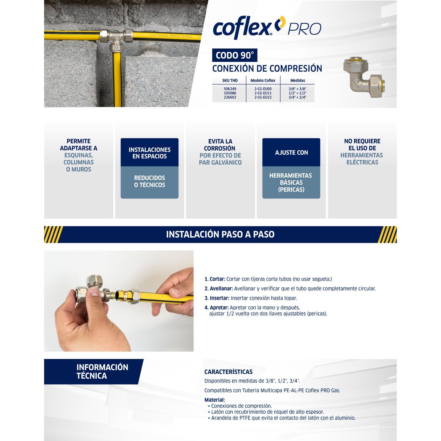 Codo 3/4" Latón 90° Compresión para Gas Natural y LP Coflex