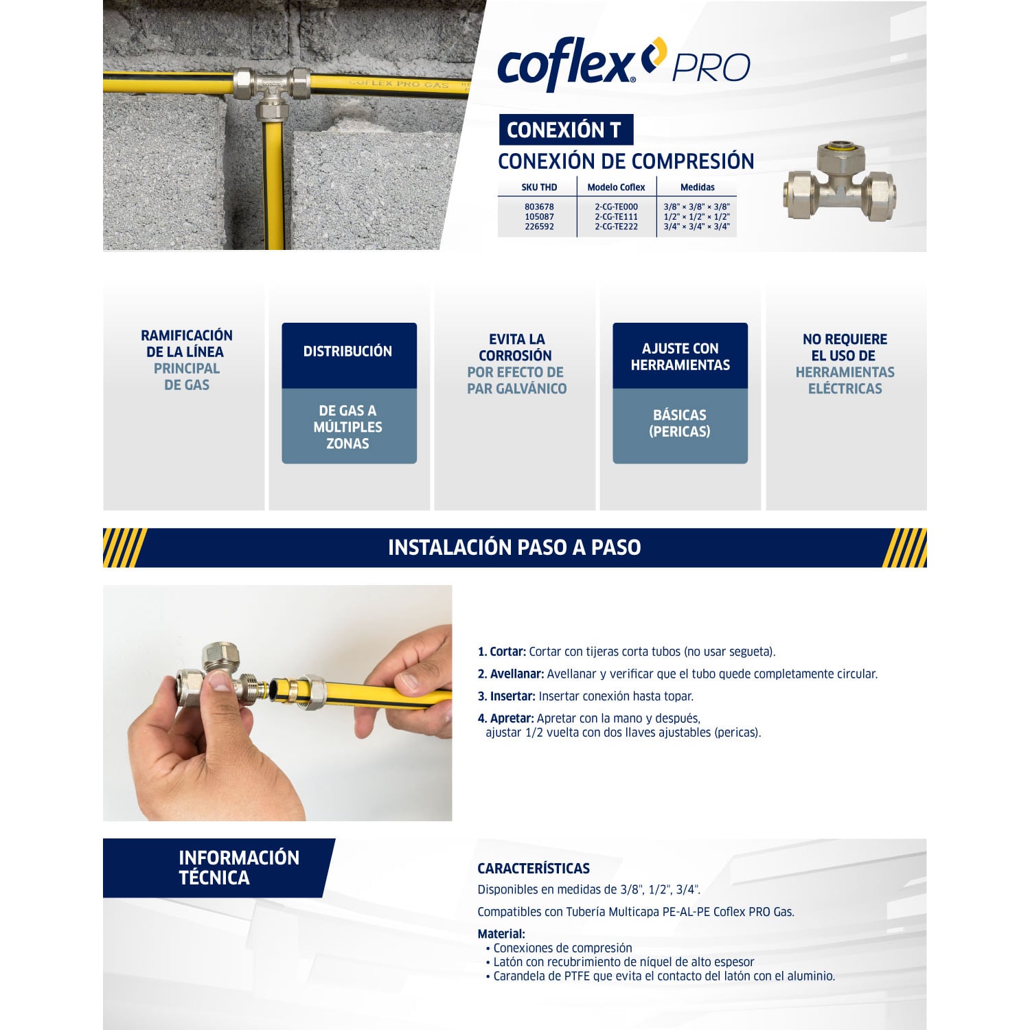 Coflex Tee PRO Gas 3/8" Compresión Tubería Multicapa Instalación Segura