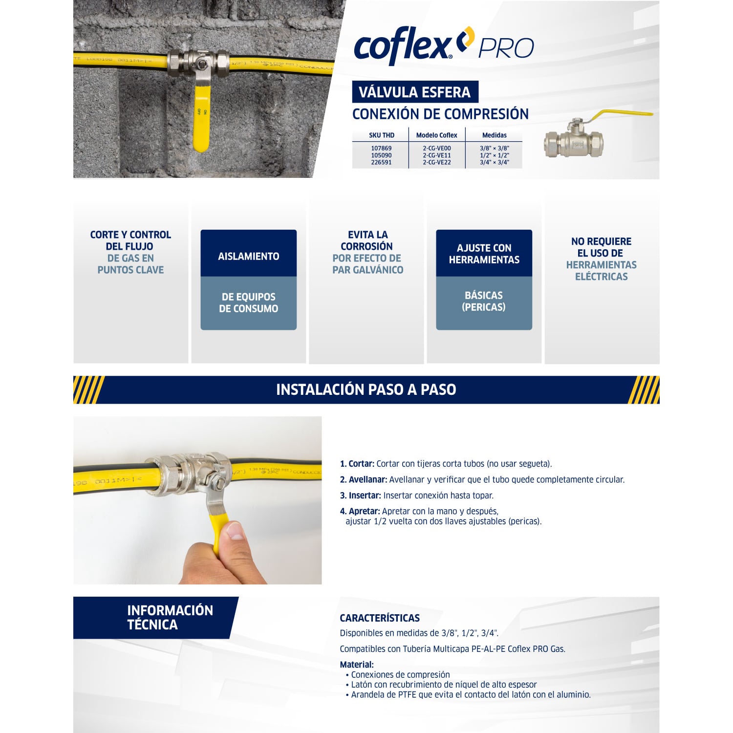 Válvula Esfera Coflex PRO Gas 3/8" Compresión Tubería Multicapa