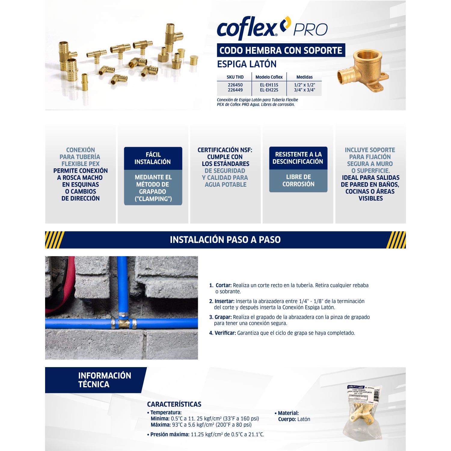 Codo Espiga Latón COFLEX 3/4" FNPT con Soporte - Conexión PEX Segura