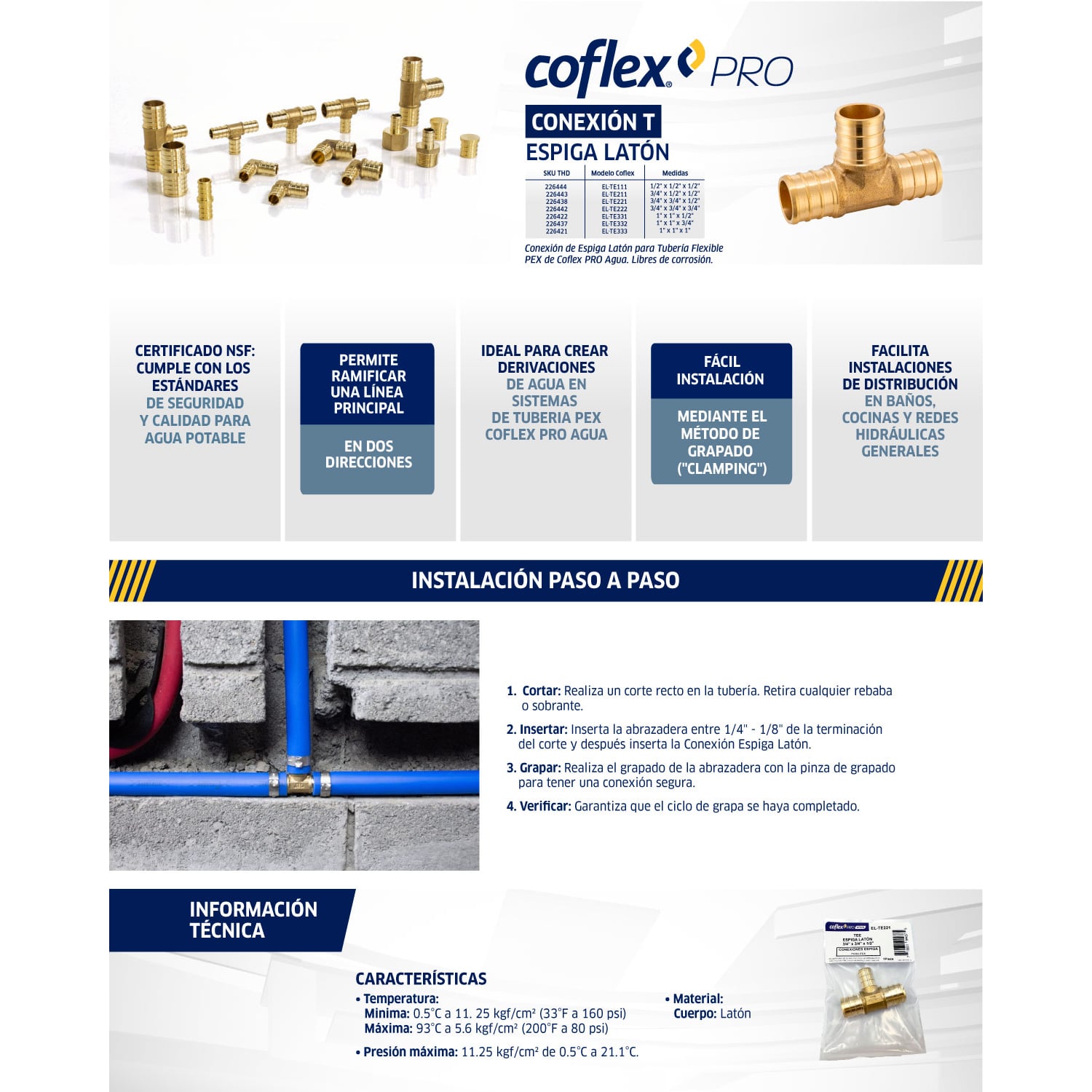 Conexión Tee Espiga Latón COFLEX 3/4" x 3/4" x 1/2" - Plomería Segura y Duradera