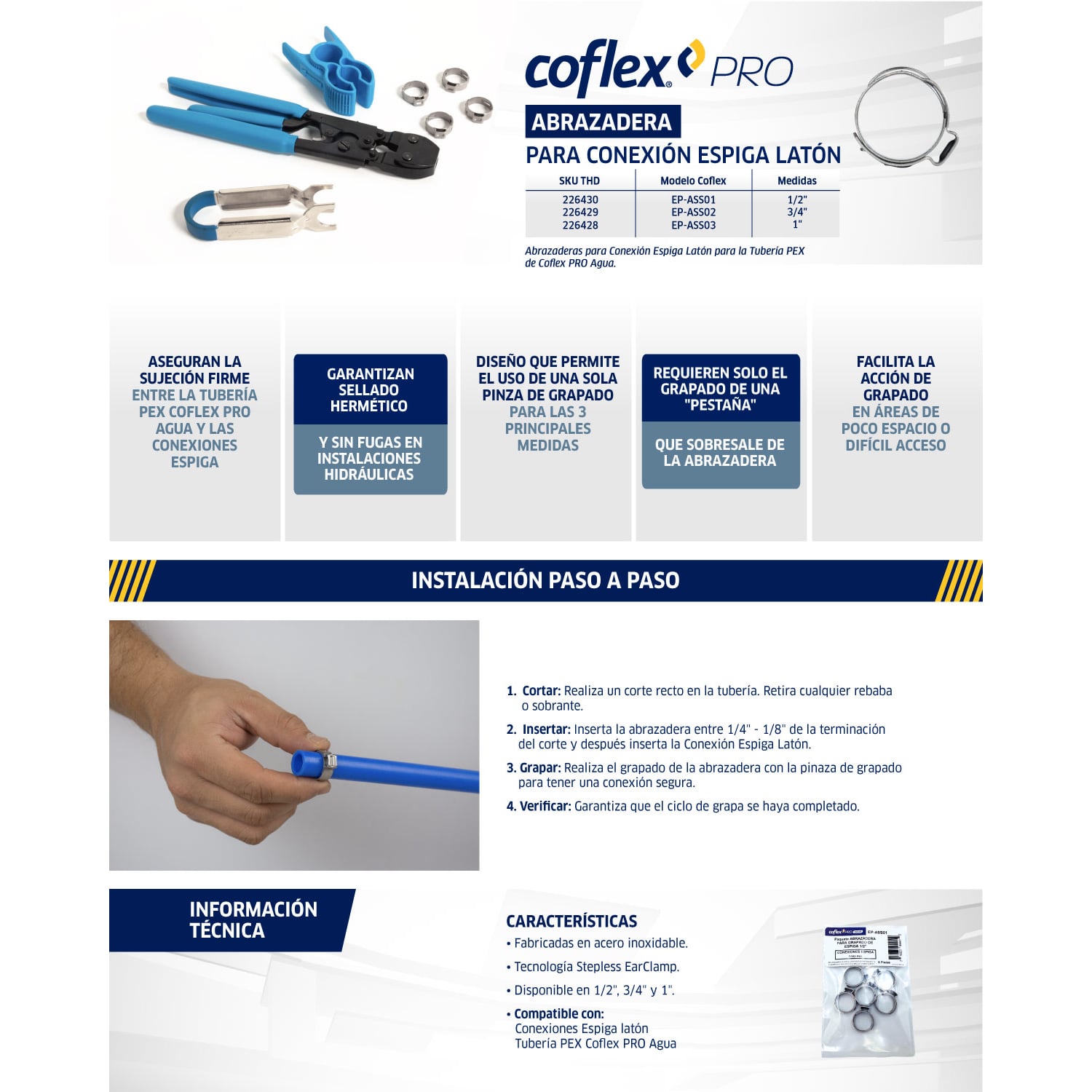 Abrazadera Grapado Espiga COFLEX 1/2" Acero Inoxidable | Fijación Segura Tubería PEX