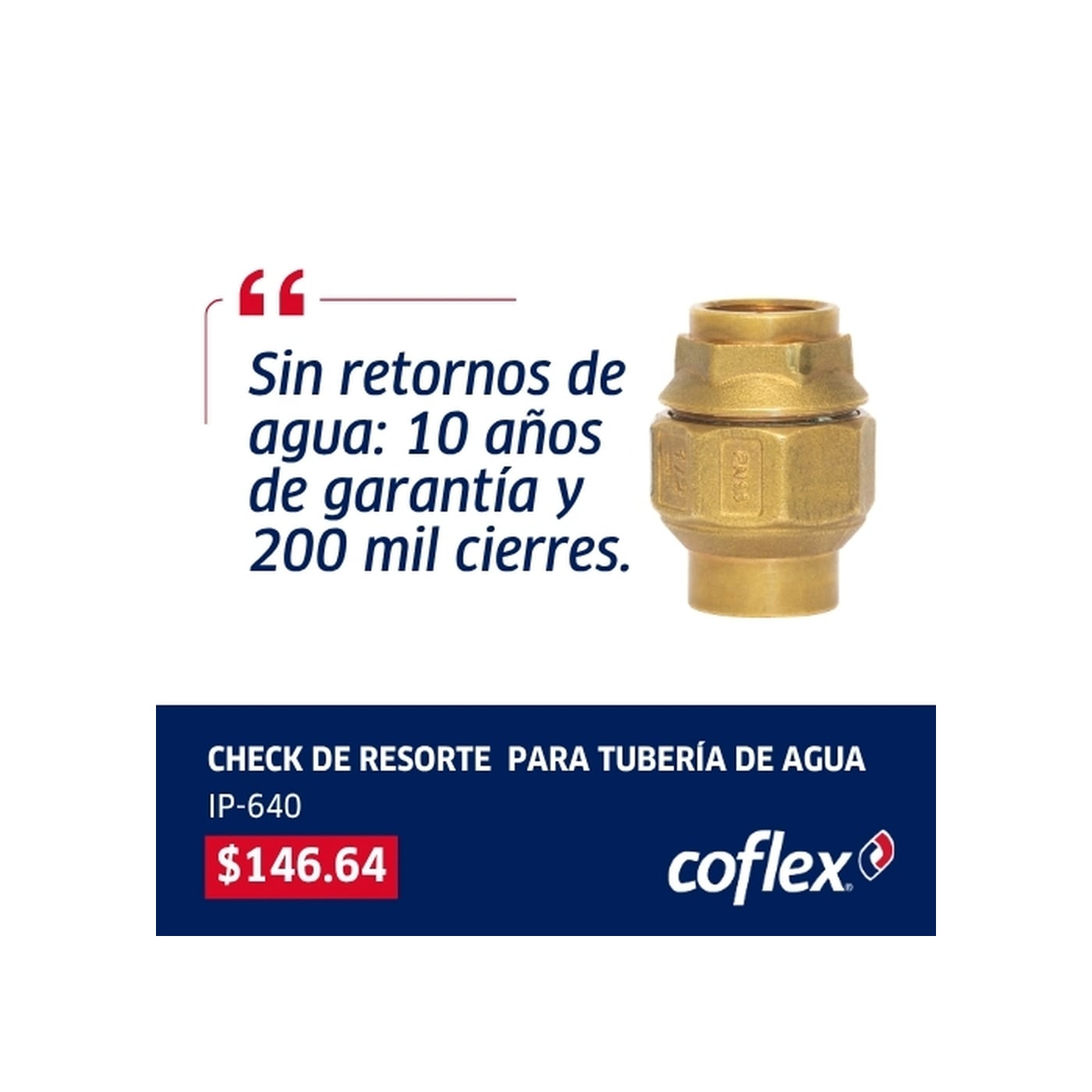 Válvula Check Resorte Coflex 1/2" NPT Latón Natural - Control Flujo Agua