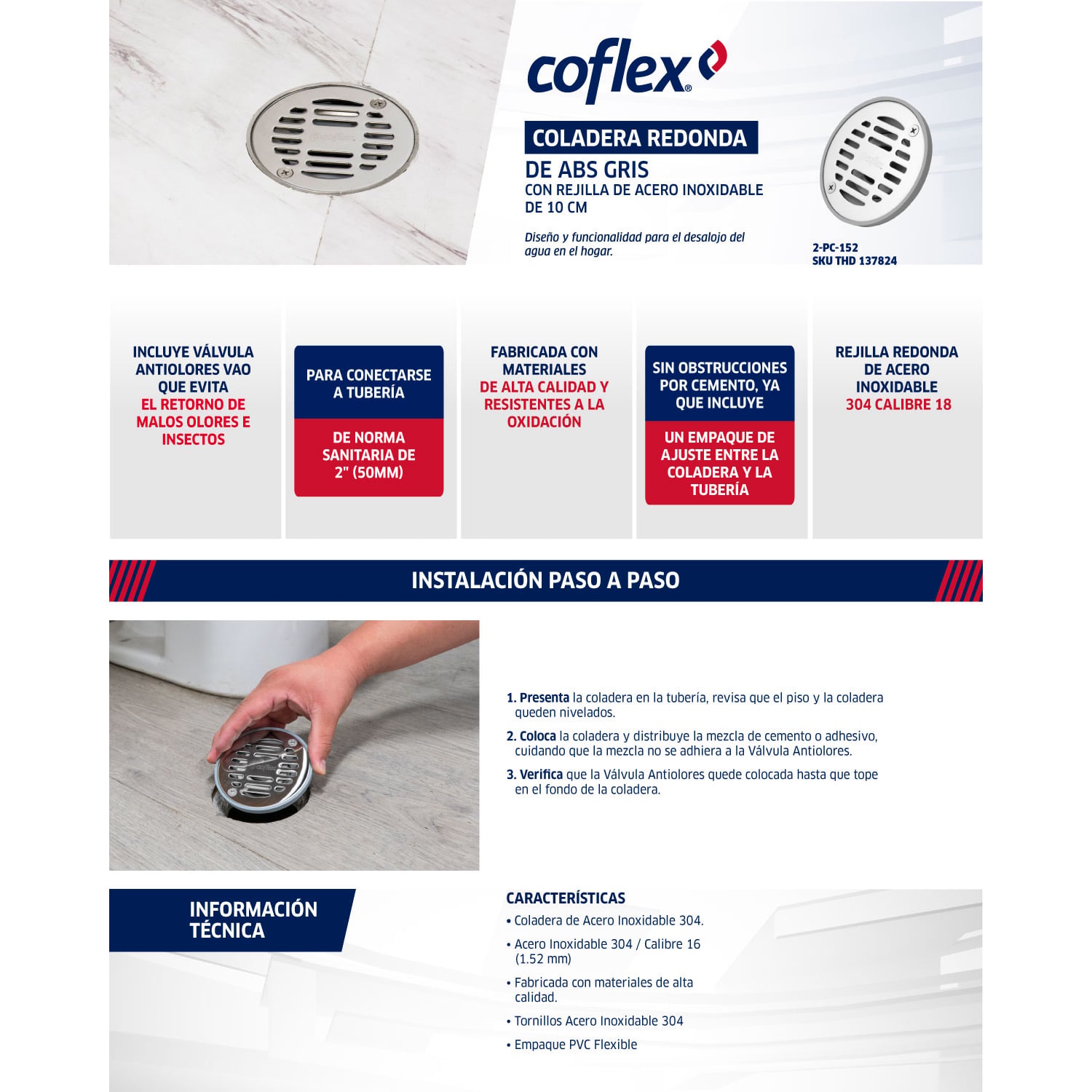 Coladera Redonda Coflex 10cm con Rejilla Acero Inoxidable para Tubería 2" - Norma Mexicana