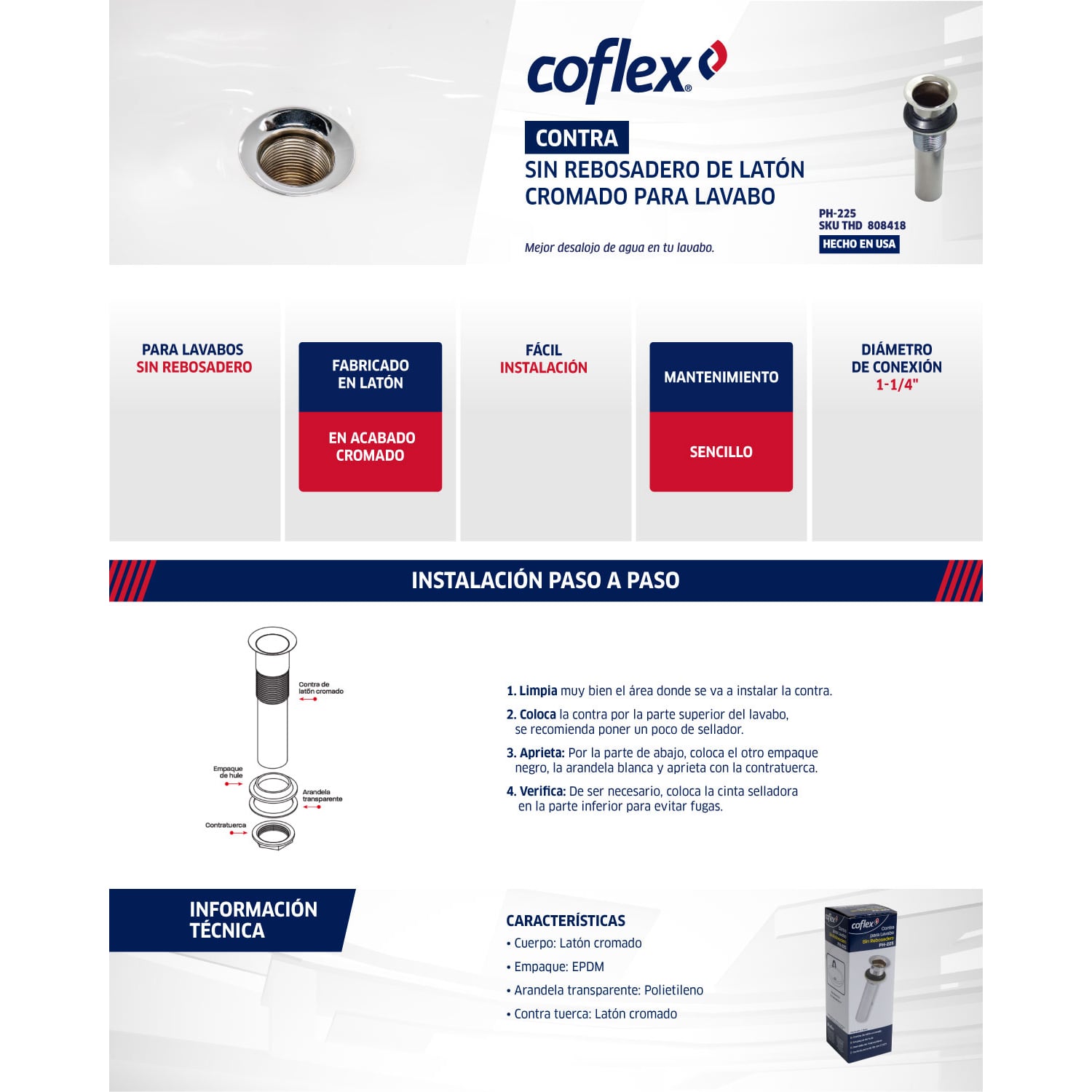 Contra para Lavabo Coflex PH-225: Latón Cromado, 1 1/2", Sin Rebosadero
