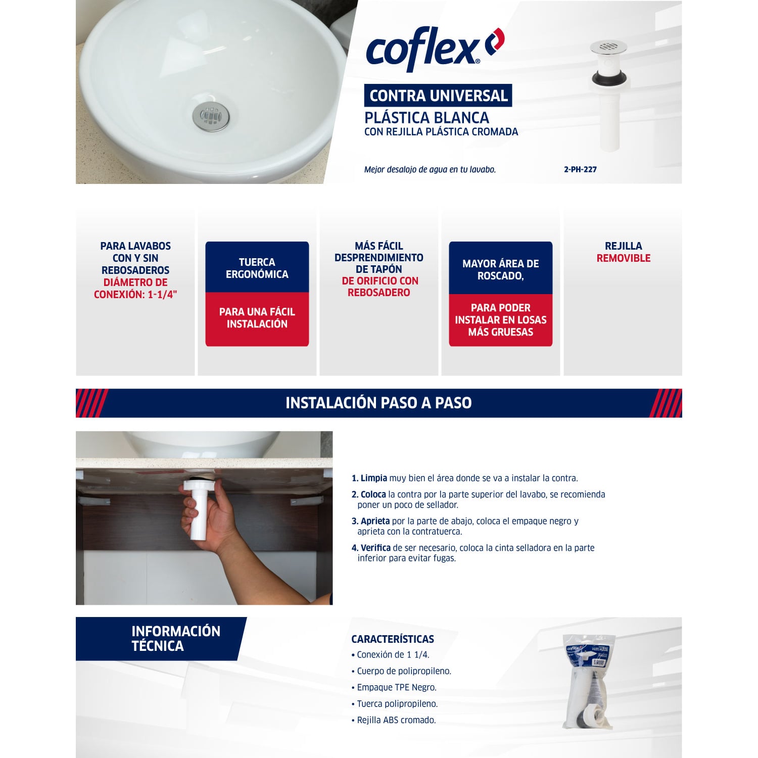 Contra Blanca Coflex PH-227 para Lavabo con Rejilla Cromada Removible