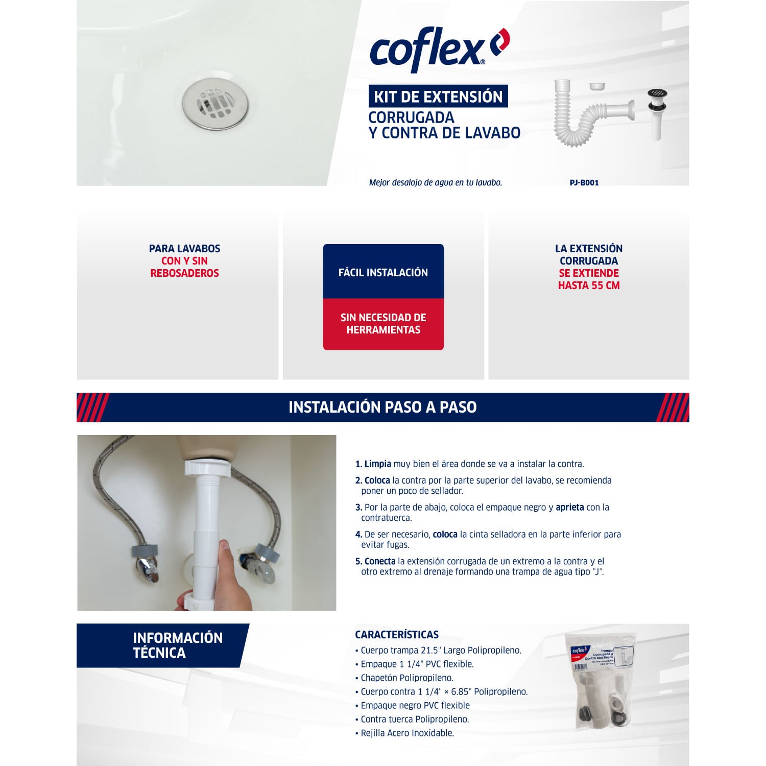 Kit Extensión Corrugada Corta Coflex Blanca para Lavabo con Contra PJ-B001