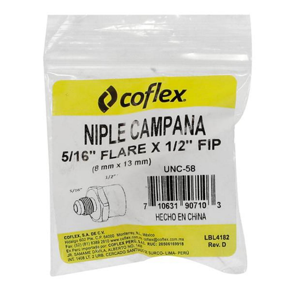 Niple Campana Coflex 5/16" Flare x 1/2" FNPT Latón para Gas