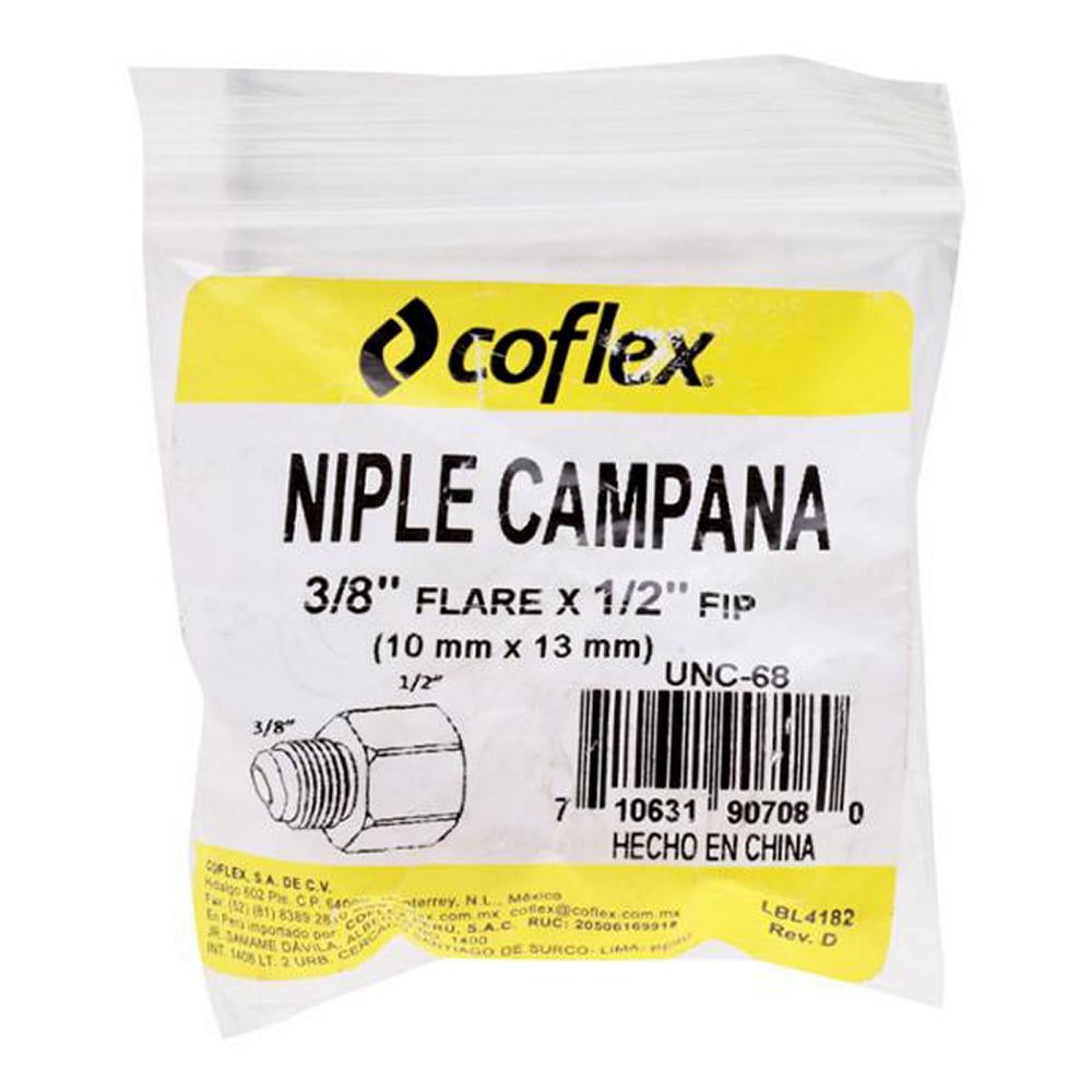 Niple Campana Coflex Latón 3/8" Flare x 1/2" FNPT para Gas - Conexión Segura