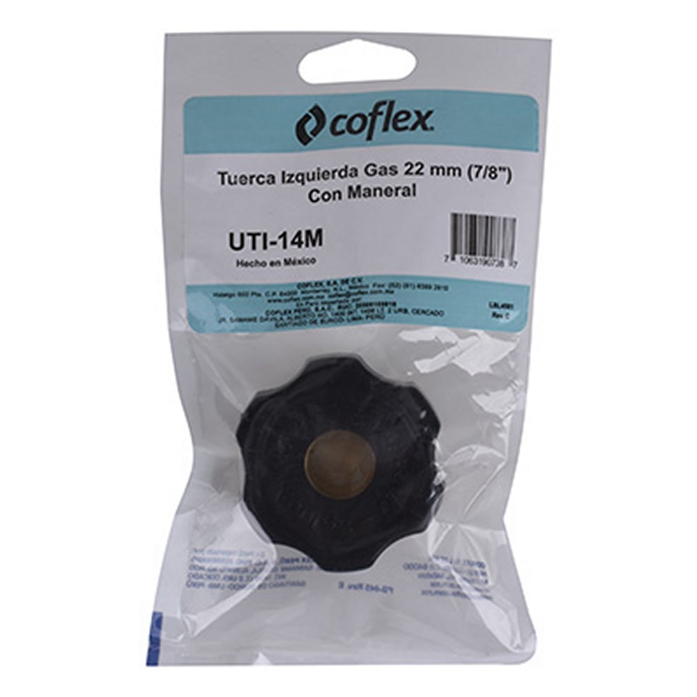 Tuerca Izquierda Coflex 7/8" Latón con Maneral para Pigtail y Gas LP