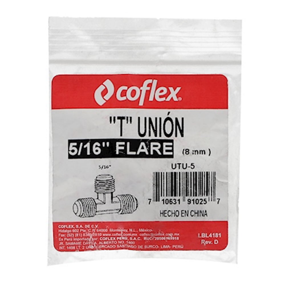 Unión T Coflex UTU-5 para Gas 5/16" Latón Natural | Conexión Flare