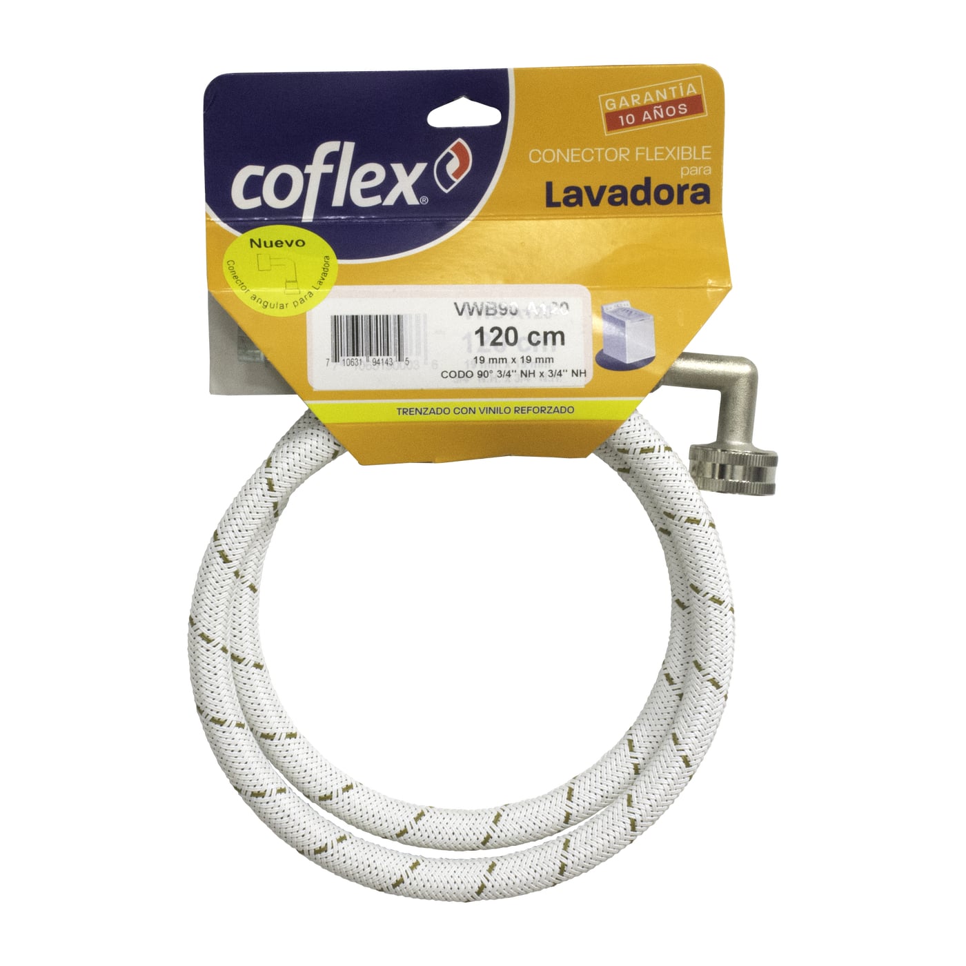 Conector Flexible Coflex Lavadora 3/4" NH Codo 90°, 120 cm Vinilo Blanco