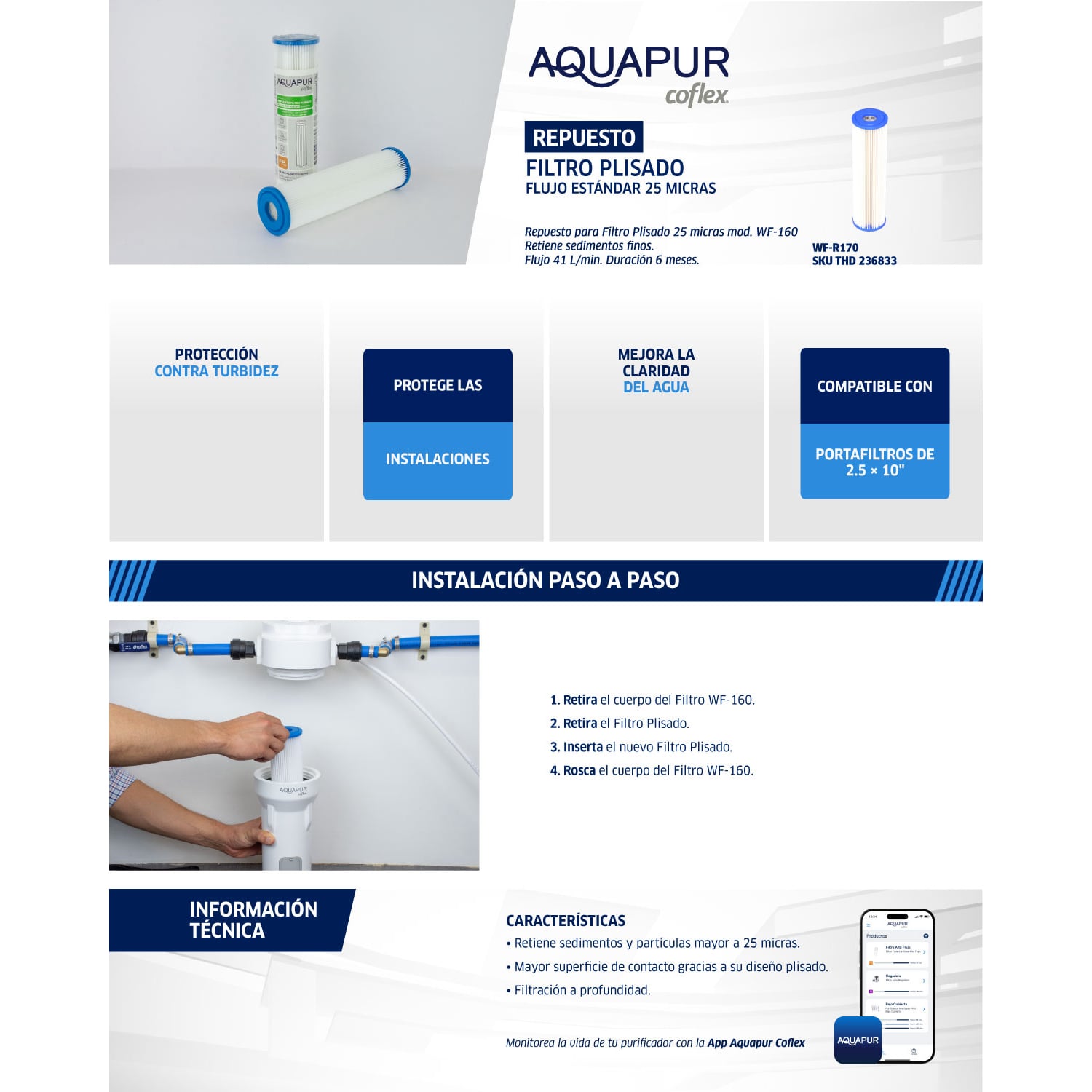 Repuesto Filtro AQUAPUR WF-R170 Plisado 25 micras - COFLEX